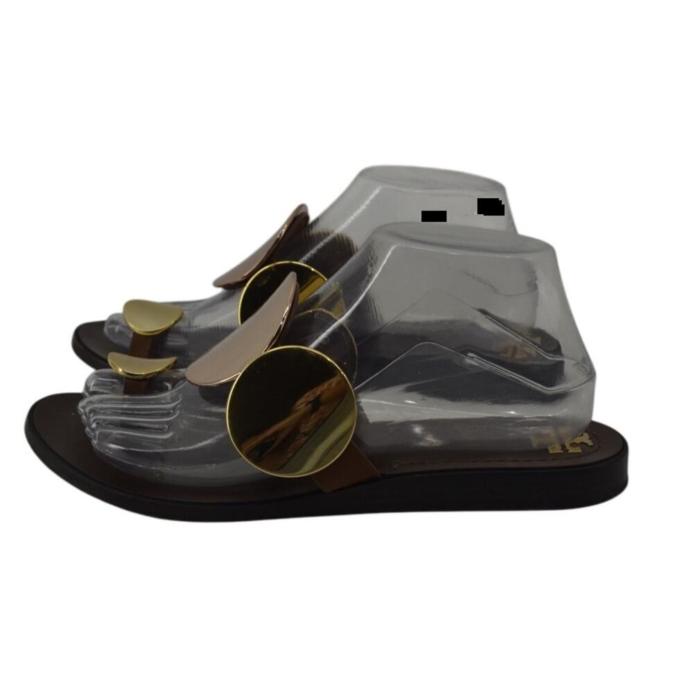 Tory Burch Brown Gold Sandals Circle Plates Size 8 - Picture 2 of 13